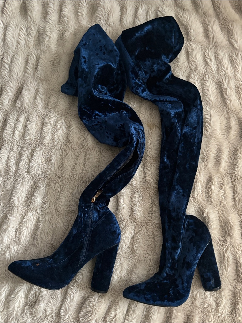 Cape Robbin Midnight Blue Velvet Over-the-Knee Chunky Heel Boots stretchy